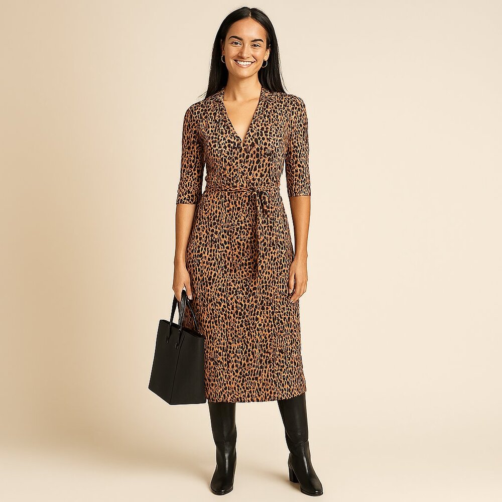 Nine & Co. Tanzania Jersey Knit Animal Print Midi Shirt Dress Packable NEW